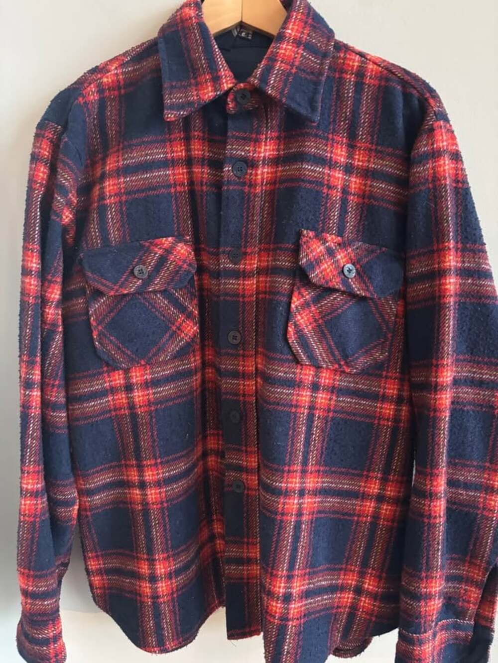 Vintage 70s Stage II CPO Plaid Flannel Shirt Mens L Wool Linen Anchor Buttons